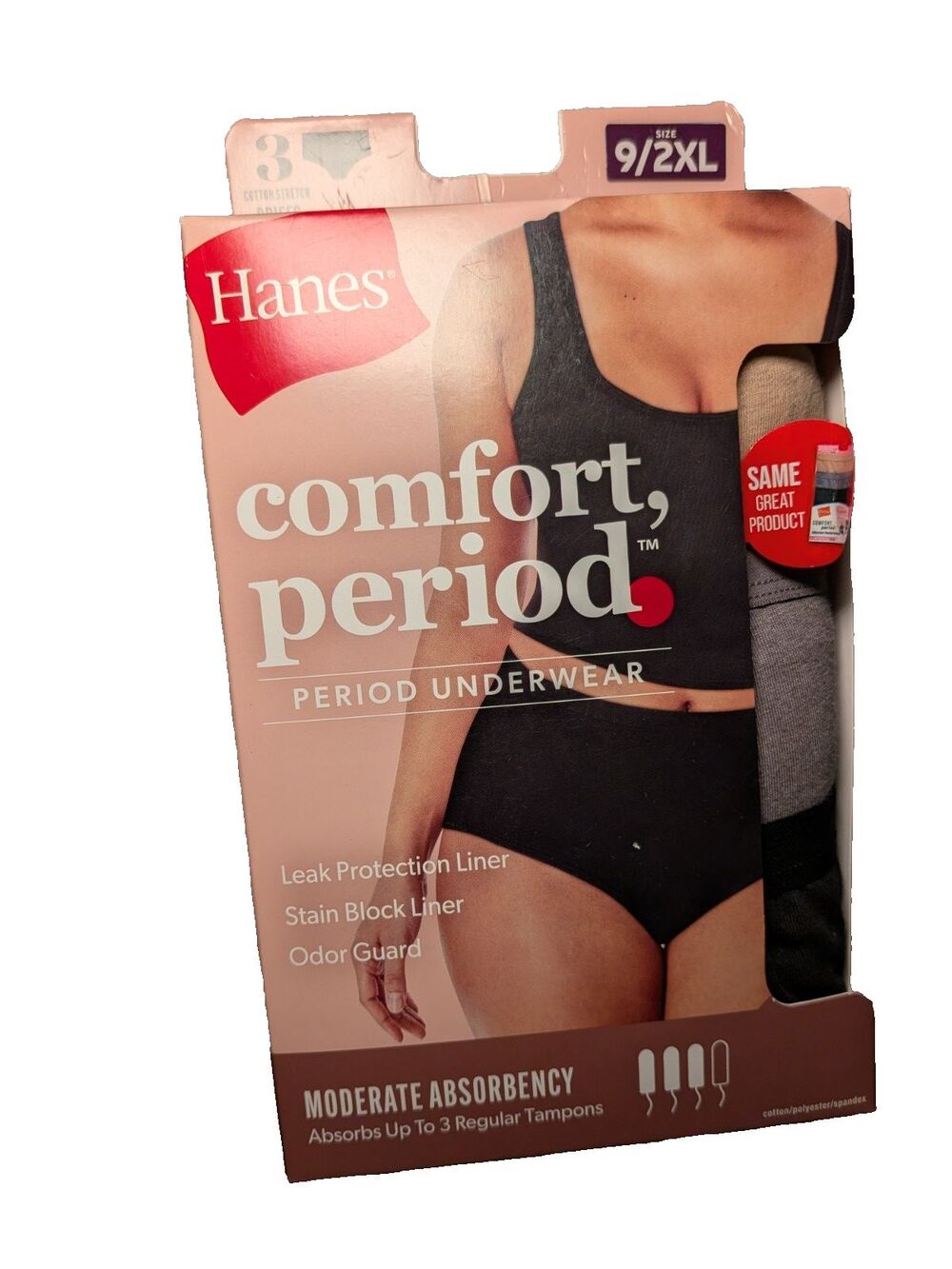 Hanes Women's Comfort, Period Moderate Protection Briefs - Size 9/2XL - New 3 Pr